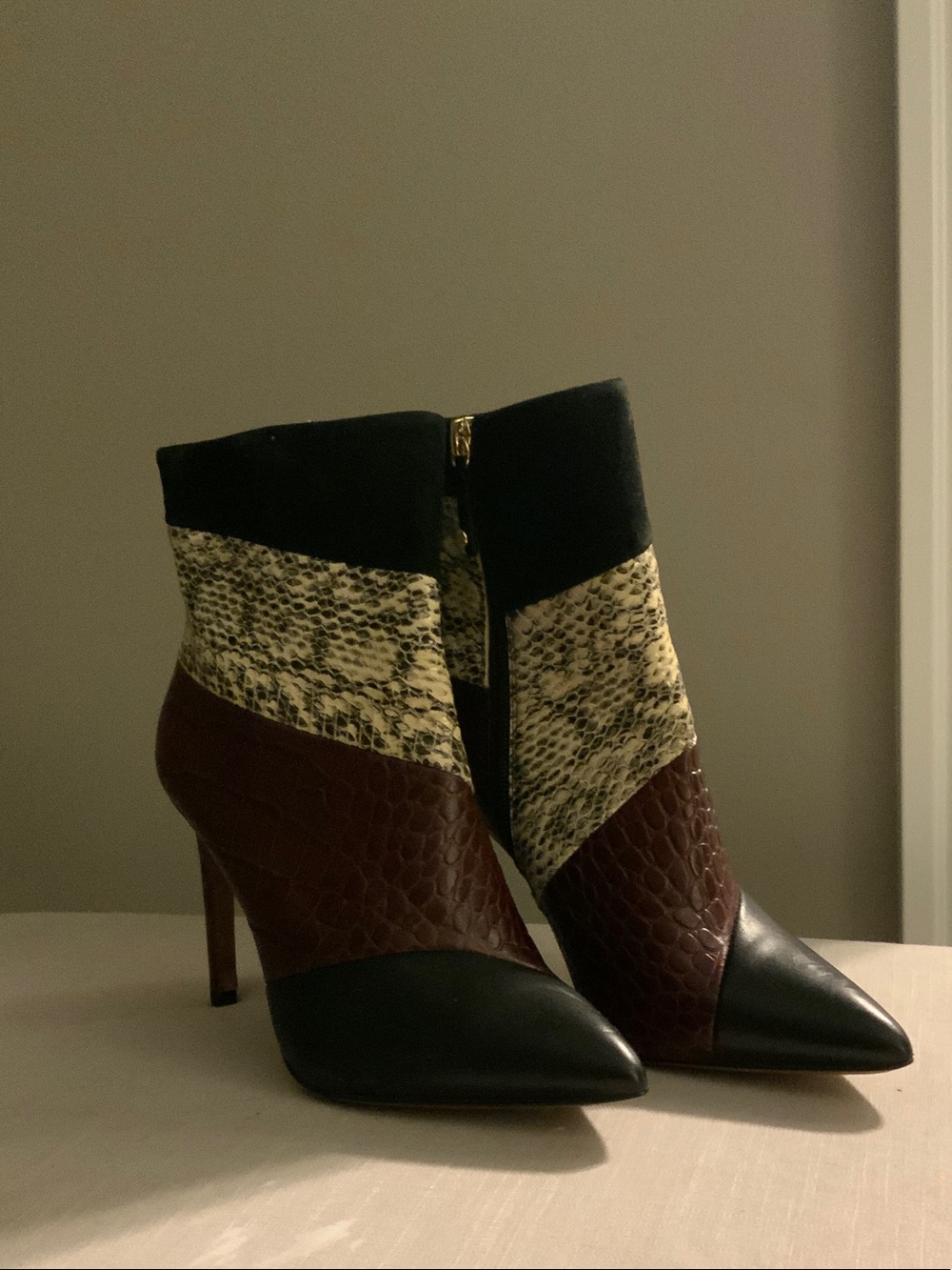 BCBGMaxAzria Black, Brown & Cream Mixed-Material Pointed Ankle Boots
